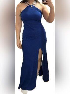 Elegant Royal Blue Halter Evening Gown with Side Slit and open back